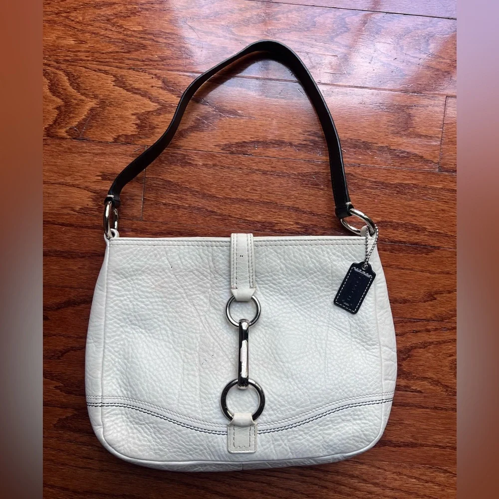 Coach White Leather Shoulder Bag with Black Strap and Silver Hardware